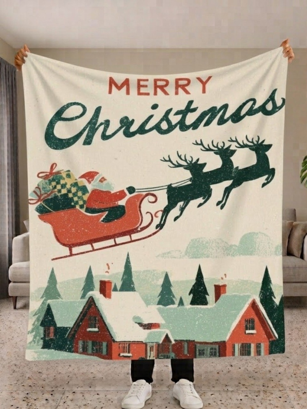 Merry Christmas Holiday Sherpa Blanket Santa & Reindeer (Green & Red)